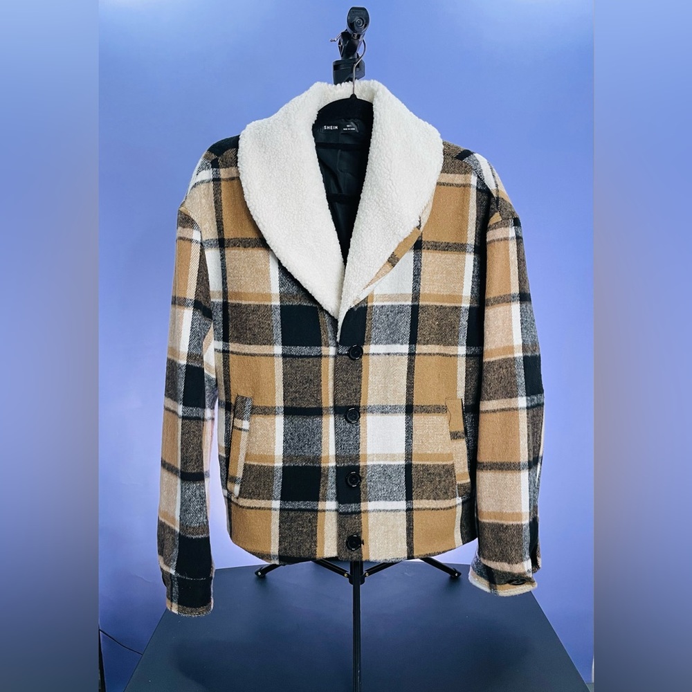 SHEIN Men Plaid Teddy Lined Overcoat Size Small